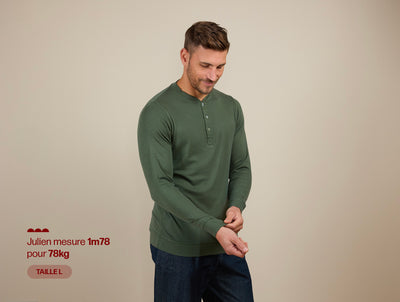 Pétrone Henley manches longues laine mérinos Tencel Vert Kaki homme#couleur_vert-kaki