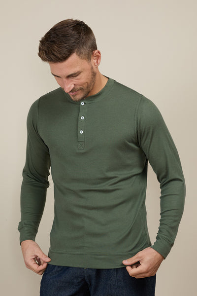 Pétrone Henley manches longues laine mérinos Tencel Vert Kaki homme