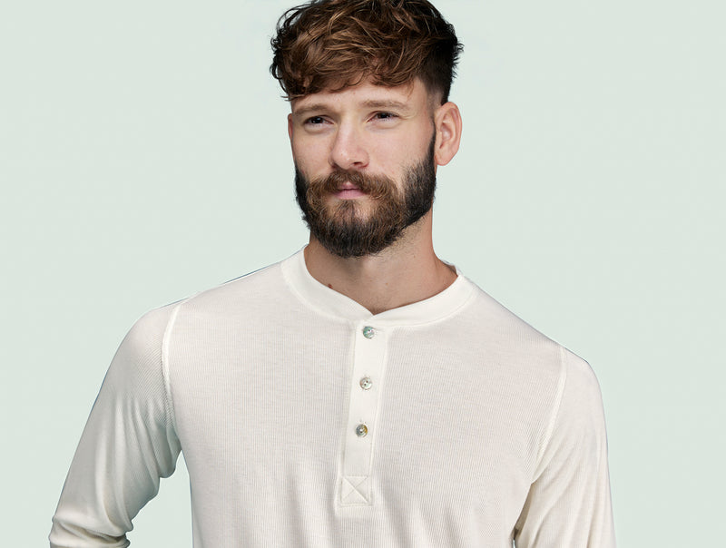 Pétrone Henley manches longues laine mérinos Tencel blanc crème homme#couleur_blanc-crème