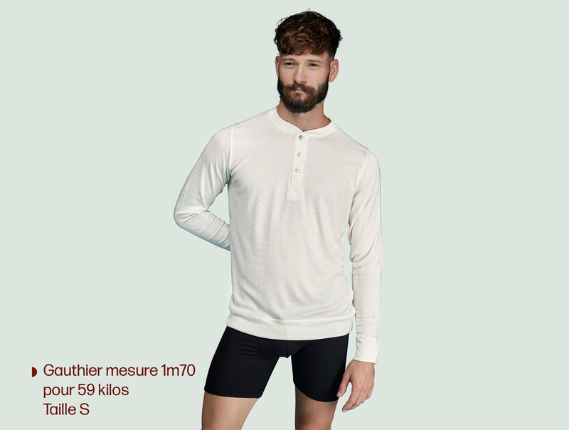 Pétrone Henley manches longues laine mérinos Tencel blanc crème homme#couleur_blanc-crème