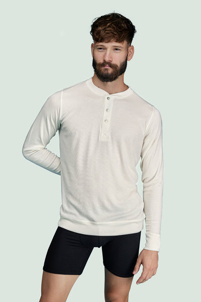 Pétrone Henley manches longues laine mérinos Tencel blanc crème homme