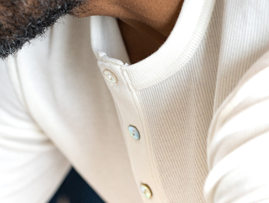 Pétrone Henley manches longues laine mérinos Tencel blanc crème homme#couleur_blanc-crème