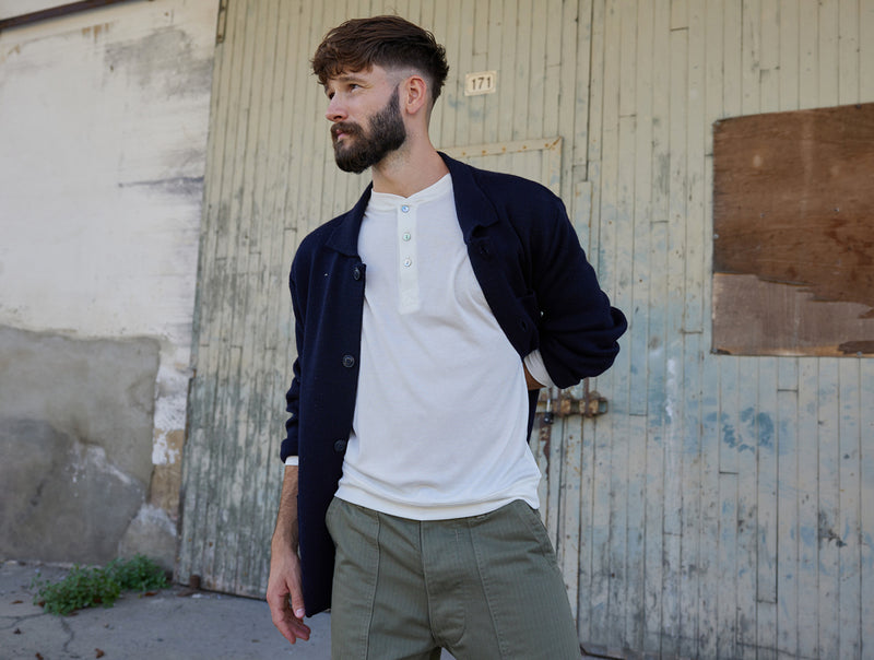Pétrone Henley manches longues laine mérinos Tencel blanc crème homme#couleur_blanc-crème
