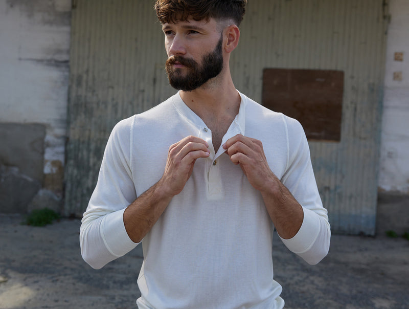 Pétrone Henley manches longues laine mérinos Tencel blanc crème homme#couleur_blanc-crème