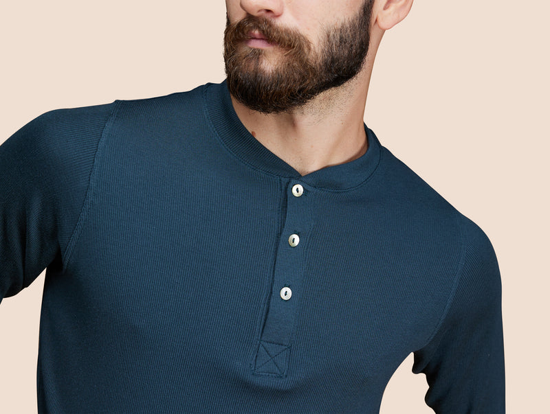 Pétrone Henley manches longues laine mérinos Tencel bleu pétrole homme#couleur_bleu-pétrole