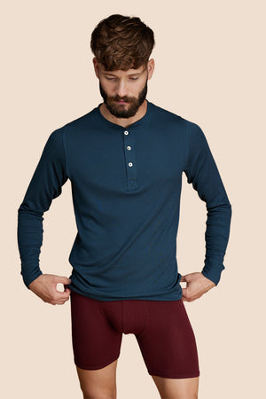 Pétrone Henley manches longues laine mérinos Tencel bleu pétrole homme