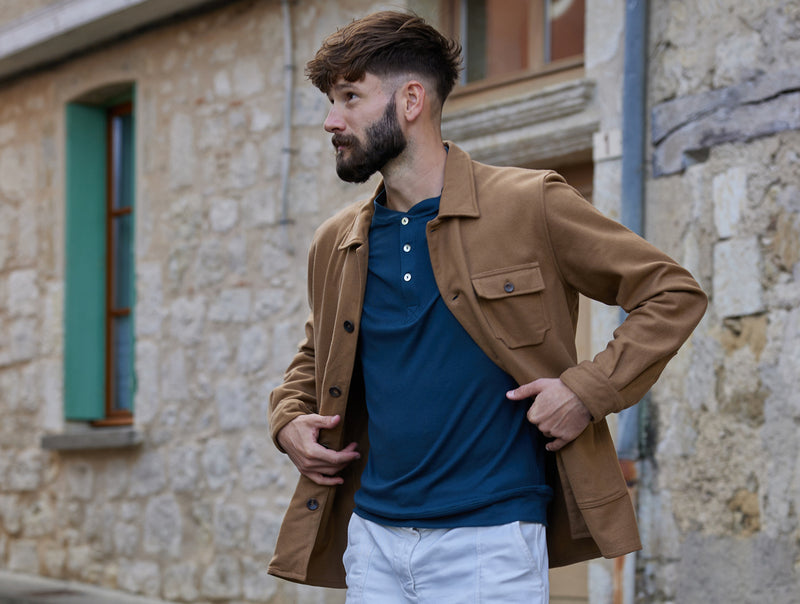 Pétrone Henley manches longues laine mérinos Tencel bleu pétrole homme#couleur_bleu-pétrole