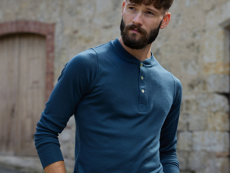 Pétrone Henley manches longues laine mérinos Tencel bleu pétrole homme#couleur_bleu-pétrole