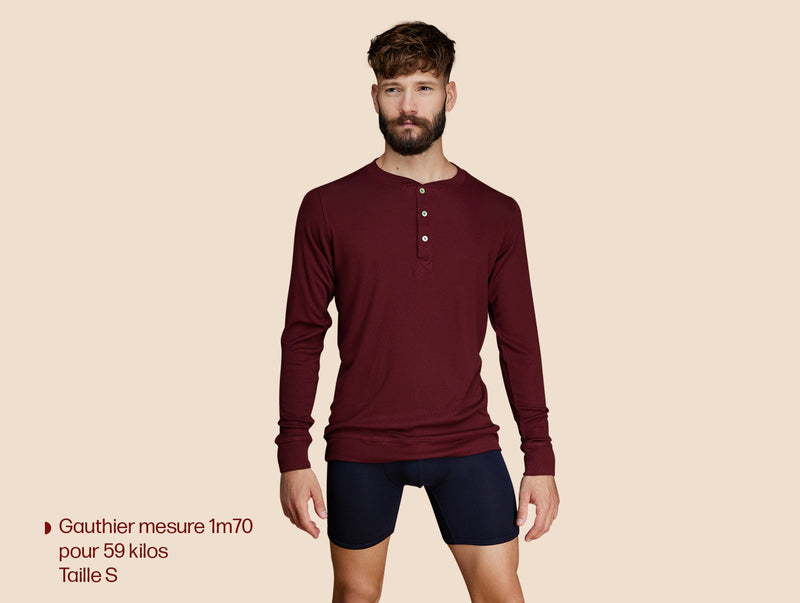 Pétrone Henley manches longues laine mérinos Tencel bordeaux foncé homme#couleur_bordeaux-foncé