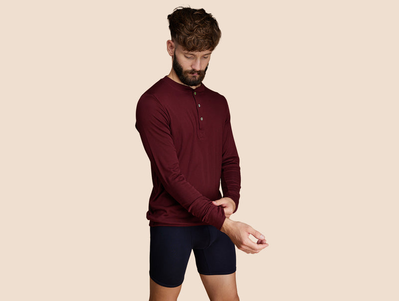 Pétrone Henley manches longues laine mérinos Tencel bordeaux foncé homme#couleur_bordeaux-foncé