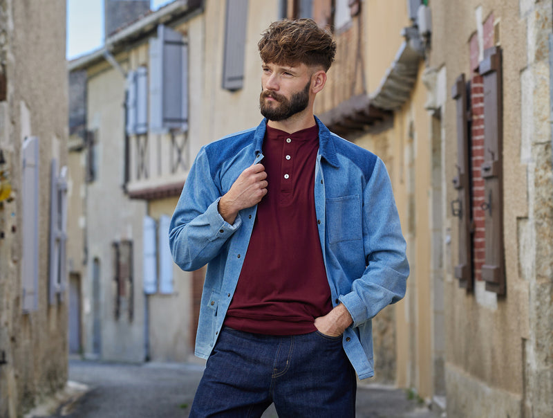 Pétrone Henley manches longues laine mérinos Tencel bordeaux foncé homme#couleur_bordeaux-foncé