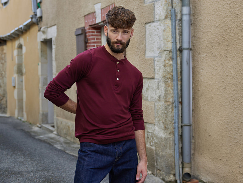 Pétrone Henley manches longues laine mérinos Tencel bordeaux foncé homme#couleur_bordeaux-foncé