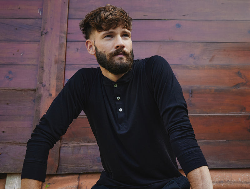 Pétrone Henley manches longues laine mérinos Tencel noir homme#couleur_noir