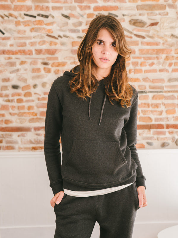 Pétrone sweat capuche hoodie homme Tencel coton bio gris anthracite chiné femme#couleur_gris-anthracite-chiné