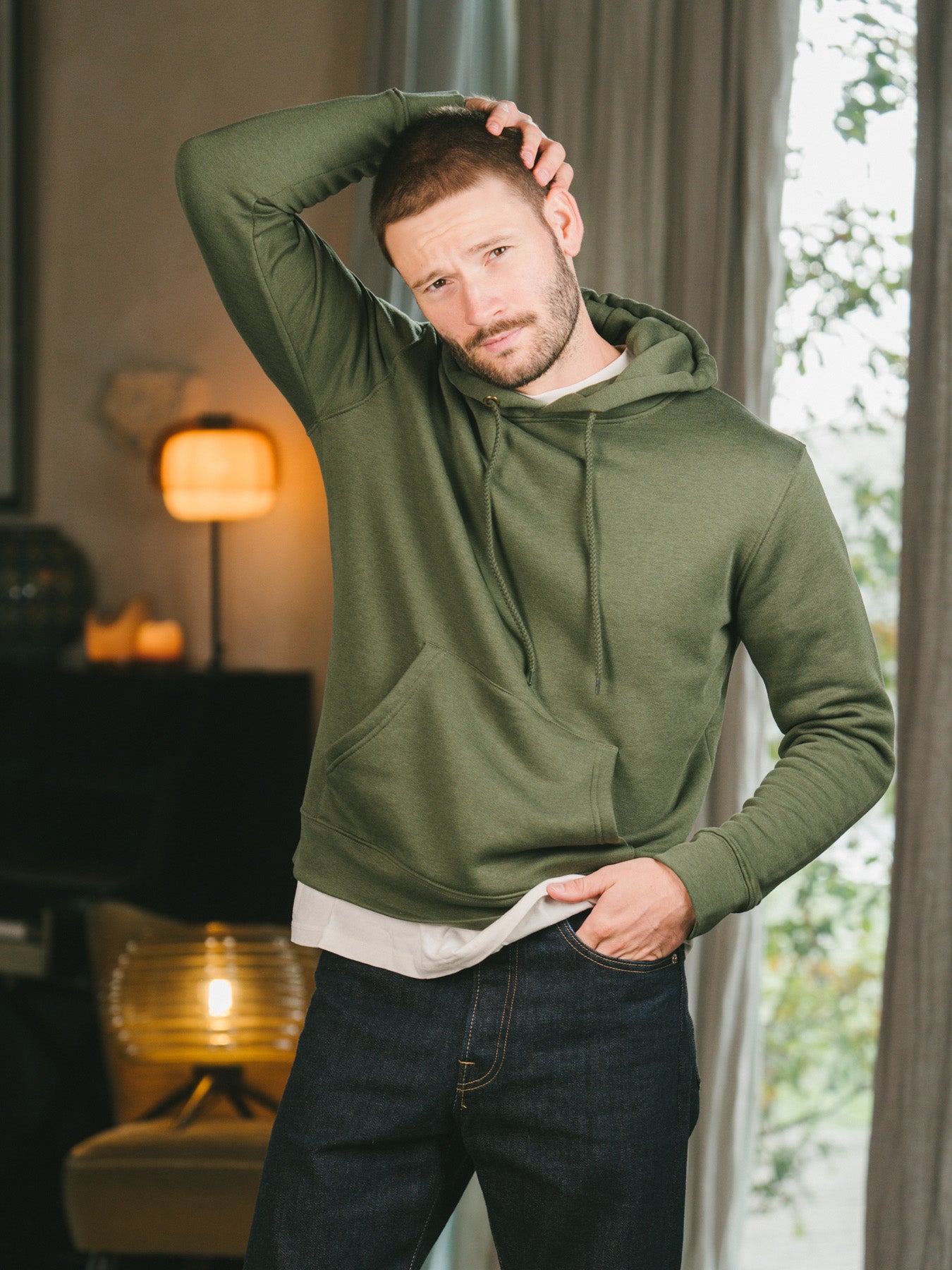 Pétrone sweat capuche hoodie homme Tencel coton bio vert kaki homme#couleur_vert-kaki