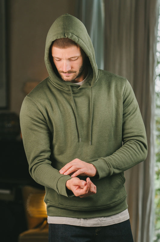 Pétrone sweat capuche hoodie homme Tencel coton bio vert kaki homme