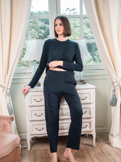 Pétrone pantalon de pyjama coton biologique tencel lyocell bleu marine femme#couleur_bleu-marine