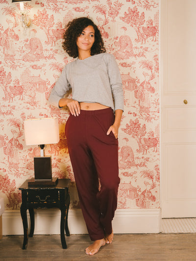 Pétrone pantalon de pyjama coton biologique tencel lyocell bordeaux foncé femme#couleur_bordeaux-foncé