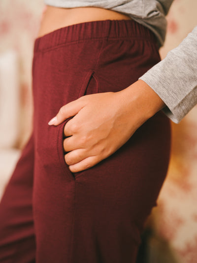 Pétrone pantalon de pyjama coton biologique tencel lyocell bordeaux foncé femme#couleur_bordeaux-foncé