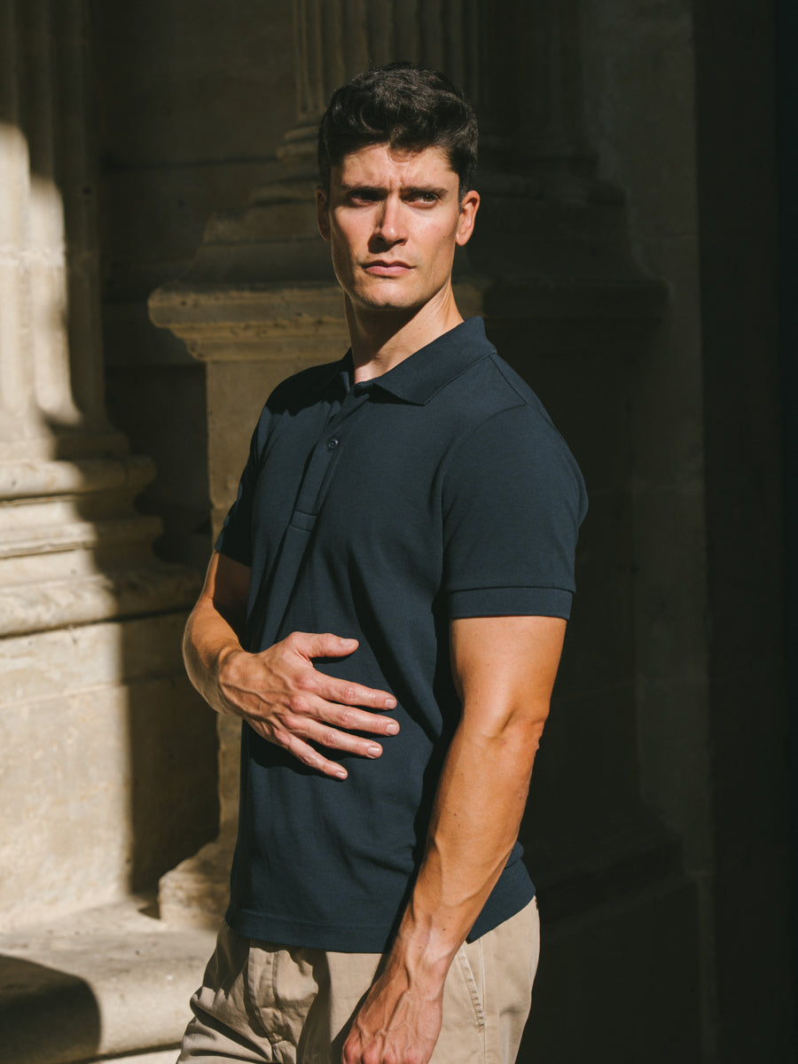 Pétrone Polo manches courtes Tencel coton bio bleu marine homme#couleur_bleu-marine