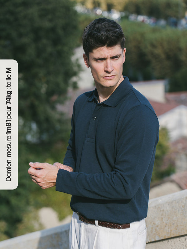 Pétrone Polo manches longues Tencel coton bio bleu marine homme#couleur_bleu-marine