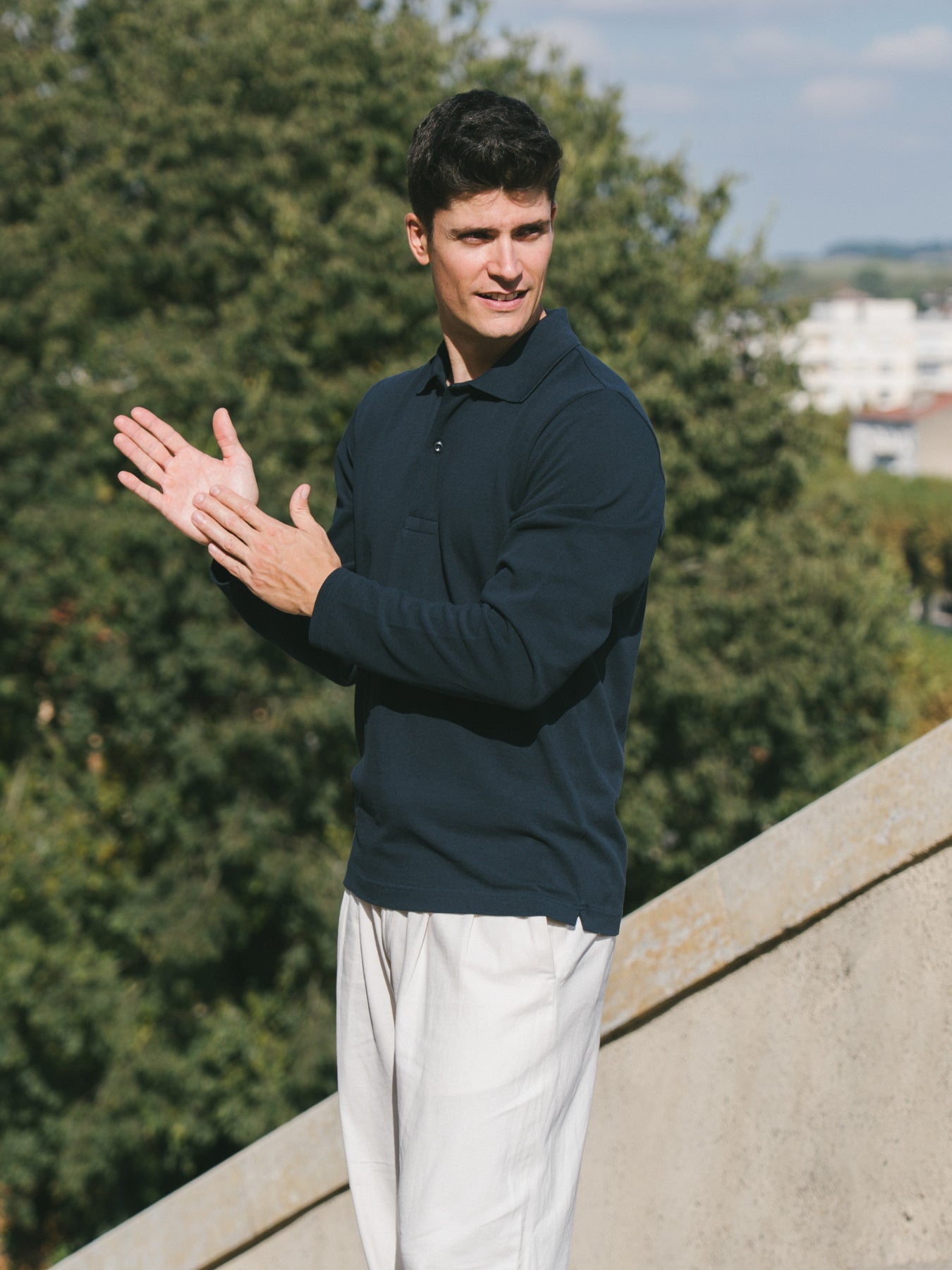 Pétrone Polo manches longues Tencel coton bio bleu marine homme#couleur_bleu-marine