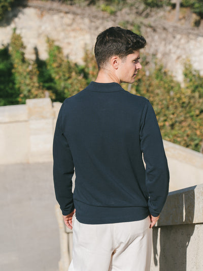 Pétrone Polo manches longues Tencel coton bio bleu marine homme#couleur_bleu-marine