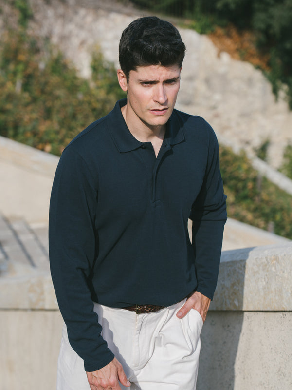 Pétrone Polo manches longues Tencel coton bio bleu marine homme#couleur_bleu-marine