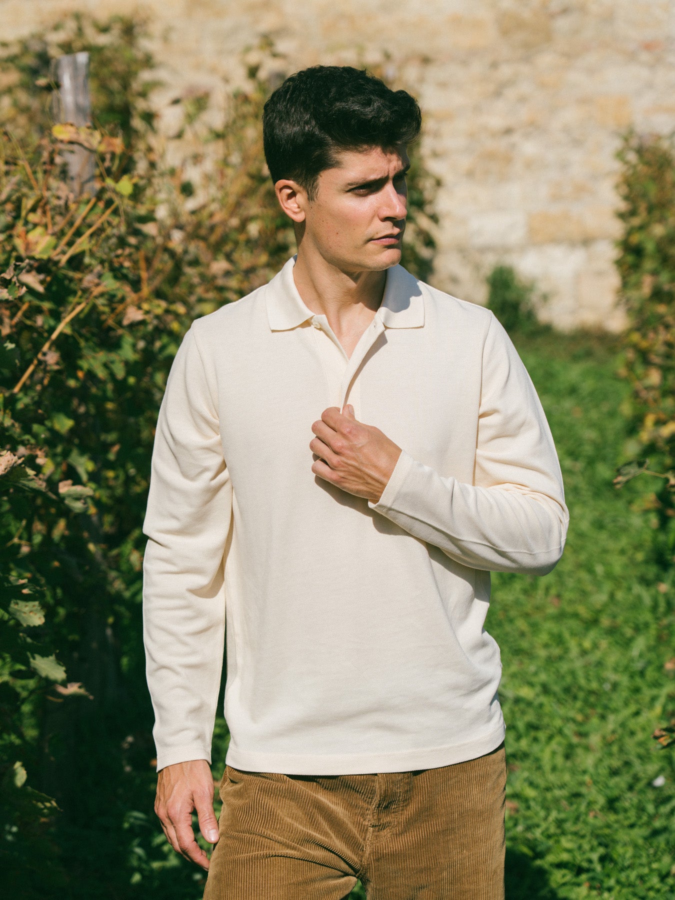 Pétrone Polo manches longues Tencel coton bio écru homme#couleur_écru