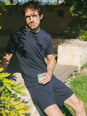 Pétrone short de pyjama coton biologique tencel lyocell bleu marine homme#couleur_bleu-marine