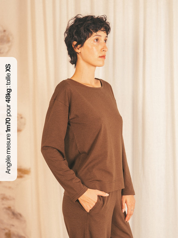 Pétrone t-shirt boxy coton bio tencel lyocell chocolat femme