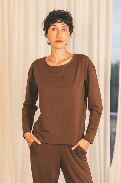 Pétrone t-shirt boxy coton bio tencel lyocell chocolat femme
