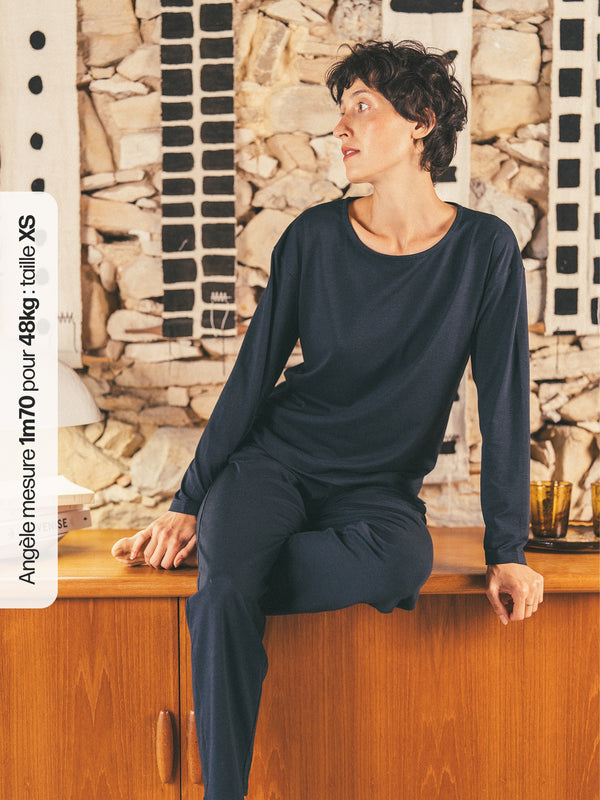 Pétrone t-shirt boxy coton bio tencel lyocell bleu marine femme