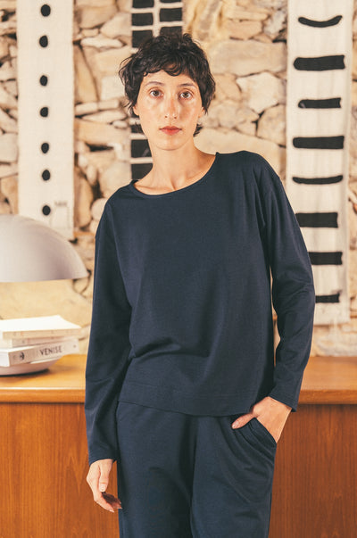 Pétrone t-shirt boxy coton bio tencel lyocell bleu marine femme
