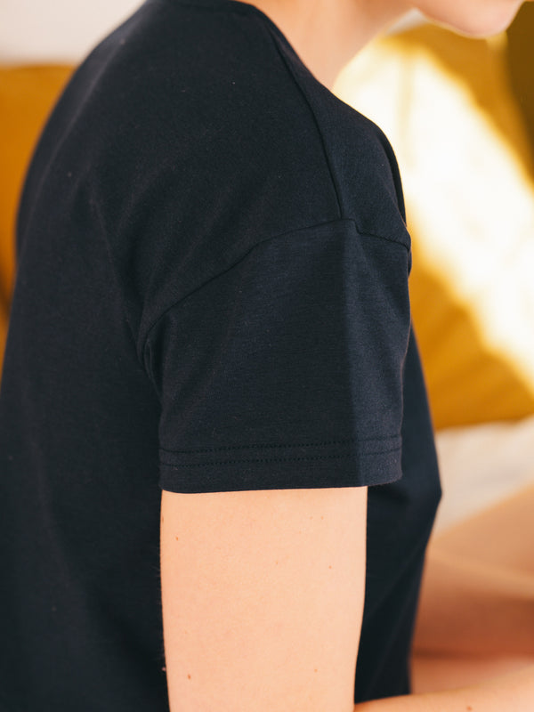 Pétrone t-shirt boxy coton bio tencel lyocell bleu marine femme#couleur_bleu-marine