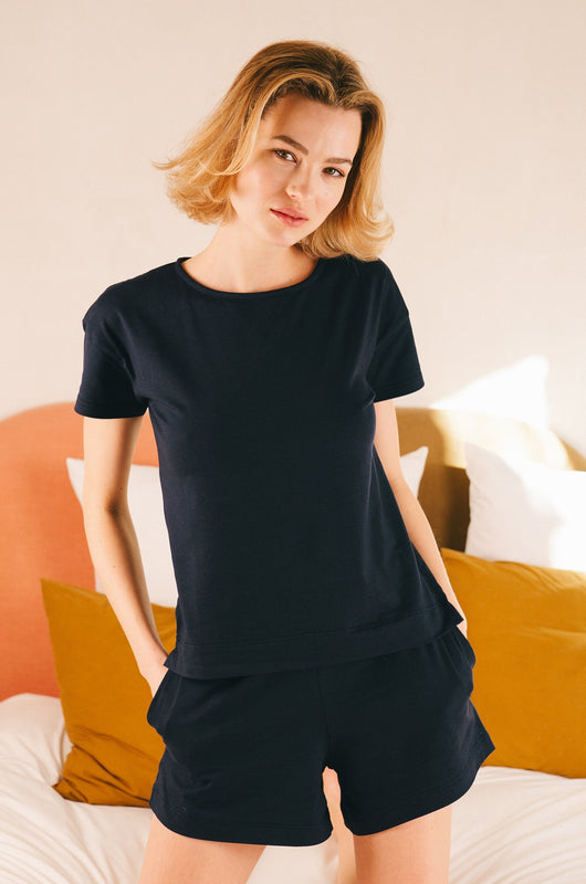 Pétrone t-shirt boxy coton bio tencel lyocell bleu marine femme
