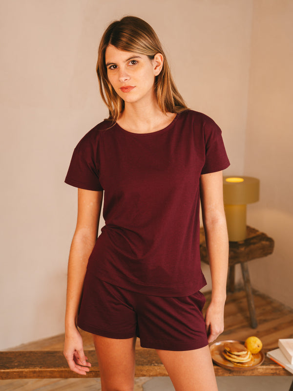 Pétrone t-shirt boxy coton bio tencel lyocell bordeaux foncé femme#couleur_bordeaux-foncé