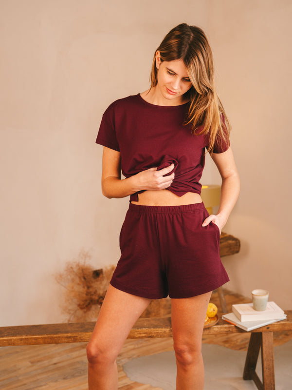 Pétrone t-shirt boxy coton bio tencel lyocell bordeaux foncé femme#couleur_bordeaux-foncé