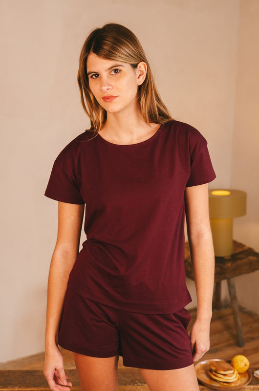 Pétrone t-shirt boxy coton bio tencel lyocell bordeaux femme