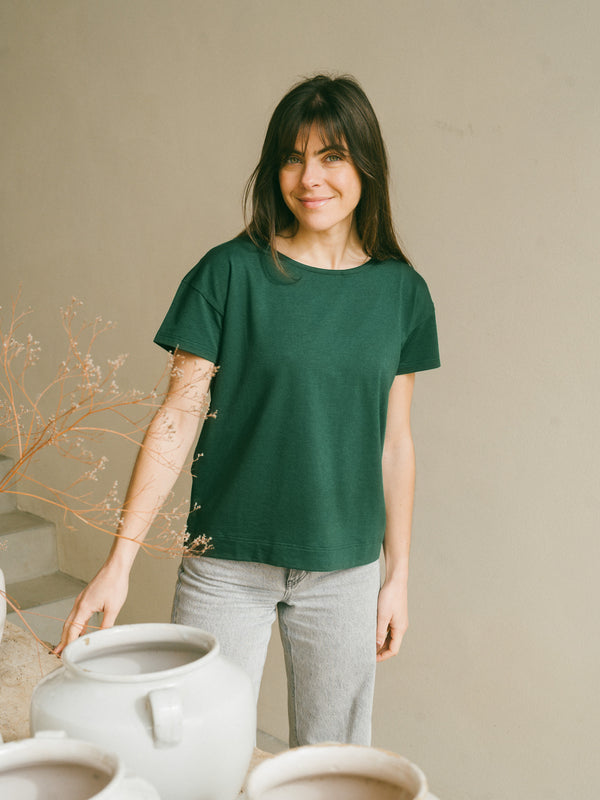 Pétrone t-shirt boxy coton bio tencel lyocell femme#couleur_vert-bouteille
