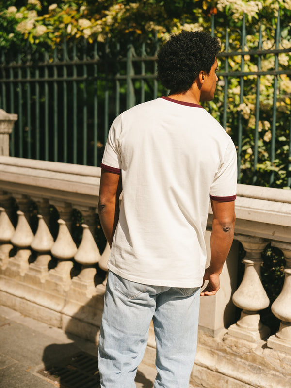 Pétrone T-shirt homme varsity contrasté blanc crème bordeaux coton biologique Tencel Lyocell#couleur_bordeaux-/-blanc-crème
