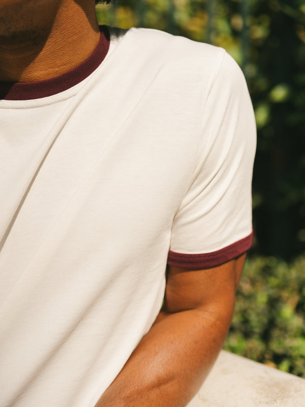 Pétrone T-shirt homme varsity contrasté blanc crème bordeaux coton biologique Tencel Lyocell#couleur_bordeaux-/-blanc-crème