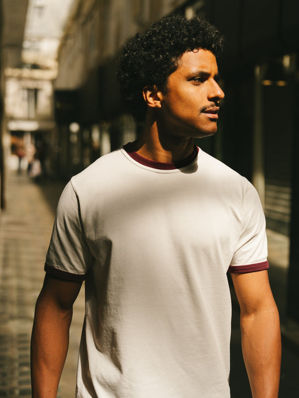 Pétrone T-shirt homme varsity contrasté blanc crème bordeaux coton biologique Tencel Lyocell#couleur_bordeaux-/-blanc-crème