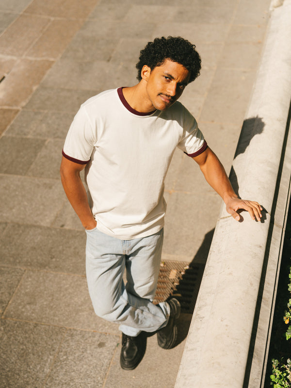 Pétrone T-shirt homme varsity contrasté blanc crème bordeaux coton biologique Tencel Lyocell#couleur_bordeaux-/-blanc-crème