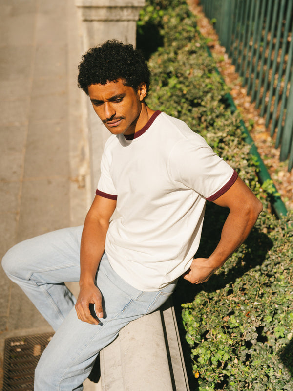 Pétrone T-shirt homme varsity contrasté blanc crème bordeaux coton biologique Tencel Lyocell#couleur_bordeaux-/-blanc-crème