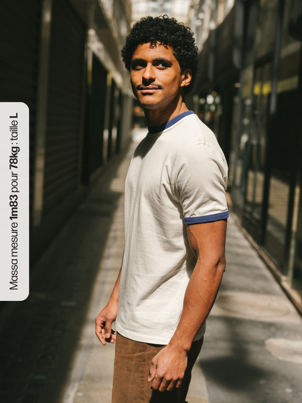 Pétrone T-shirt homme varsity contrasté blanc crème bleu marine coton biologique Tencel Lyocell#couleur_bleu-marine-/-blanc-crème