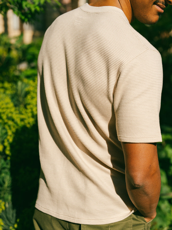 Pétrone T-shirt manches courtes gaufré thermal coton bio tencel beige homme#couleur_beige