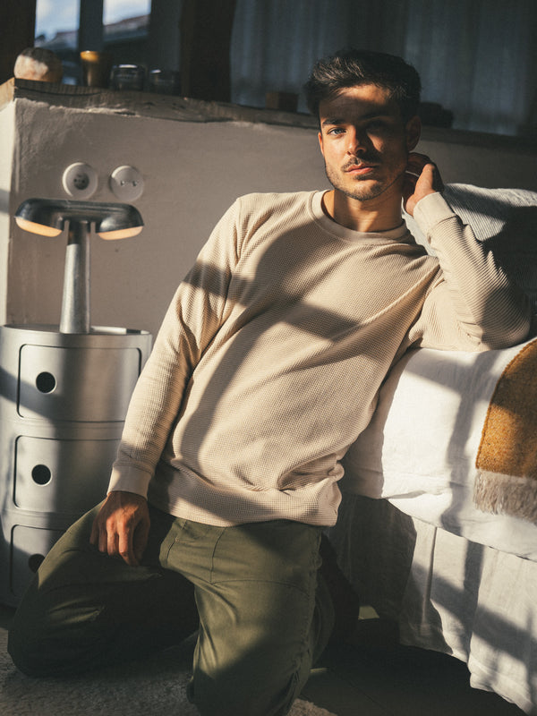 Pétrone T-shirt manches courtes gaufré thermal coton bio tencel beige homme