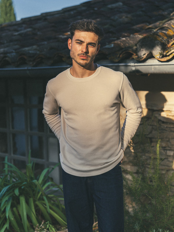 Pétrone T-shirt manches courtes gaufré thermal coton bio tencel beige homme