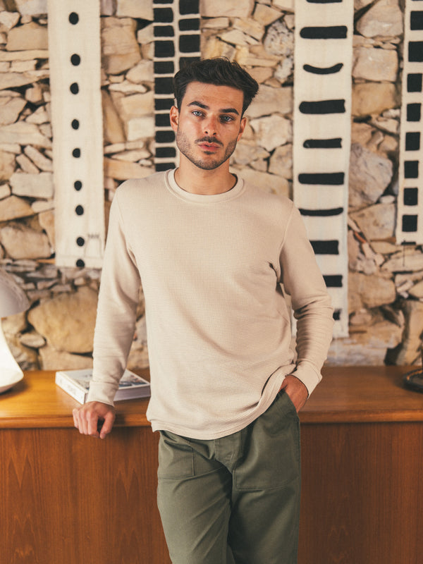 Pétrone T-shirt manches courtes gaufré thermal coton bio tencel beige homme